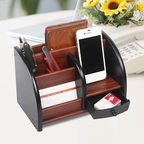Organisateur de bureau avec tiroir et porte-stylos, Organisateur de bureau en bois, Organisateur de bureau peu encombrant pour stylos, agrafeuses, pinces à dossiers, notes autocollantes (1/5)