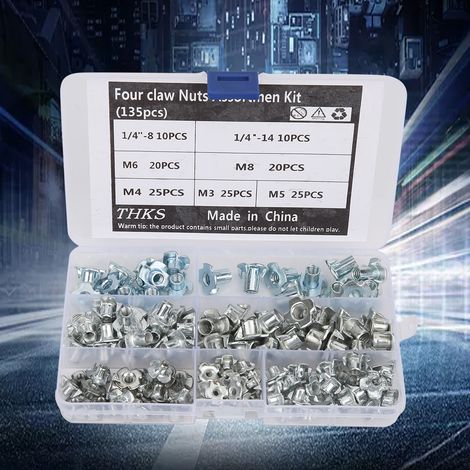 Assortiment de 135 écrous à quatre mors en acier au carbone pour la fixation de meubles et de portes d'armoires. (1/5)