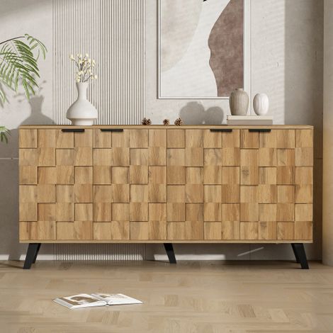 Buffet moderne avec 4 portes, 160,5 x 35,5 x 78 cm, étagères réglables, poignées et pieds noirs, pour salon, chambre à coucher et salle à manger (1/5)