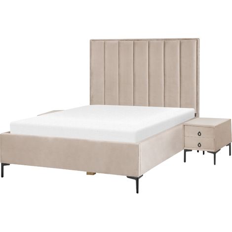 Conjunto de dormitorio moderno cama 140 x 200 cm dos mesitas de noche tapizado terciopelo gris pardo Sezanne