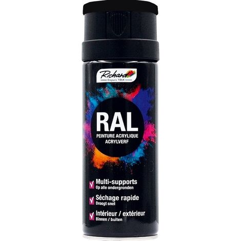 Aérosol peinture acrylique RICHARD multi-supports RAL Gris et Noir 400 ml Couleur RAL: RAL 9005 NOIR SATIN (1/2)