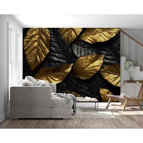Papier peint feuillage feuilles or sur noir 1 - 150 x 250 cm (1/2)