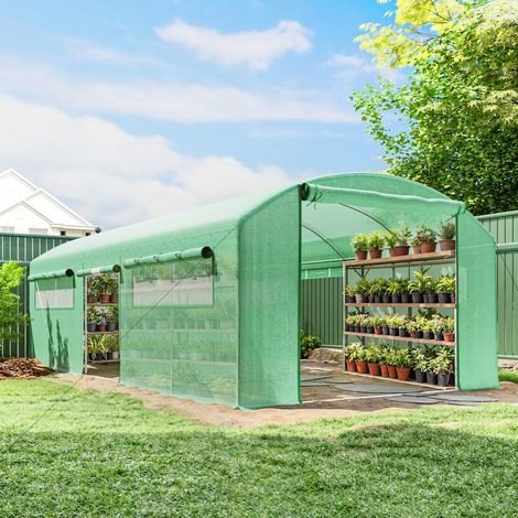Invernadero de Túnel 6x3x2 m con 3 Puertas Enrollables 6 Ventanas de Malla y Estructura de Acero Galvanizado Verde