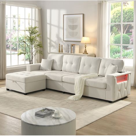 Sofá esquinero modular 253xx cm, con otomana flexible, almacenamiento, LED, USB y Type C, espuma, beige (1/5)