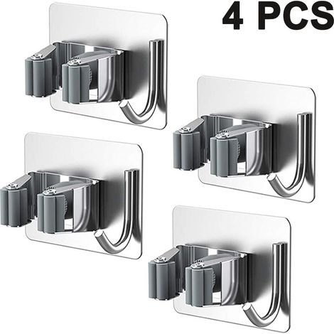 Support Pour Balai Et Serpillière - Sans Perçage - En Acier Inoxydable Auto-Adhésif - Pour Salle De Bain Cuisine Garage - 4 Pièces (1/5)