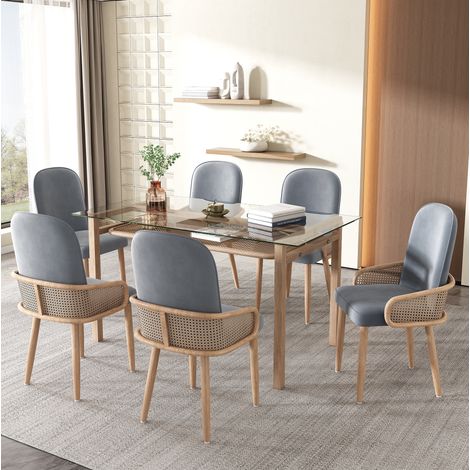 Esszimmerstuhl aus Samt, 6er-Set, Rattan-Design, Wohnzimmer, Schlafzimmer, Mit vier Metallbeinen (Holzmaserungseffekt), Grau (1/5)
