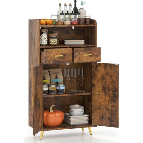 Meuble Salle de Bain Rangement, Armoire Salle de Bain avec 2 Tiroirs Placard à 2 Portes, Compartiment Ouvert, Étagère Réglable, 30 x 60 x 113CM,Marron (1/5)