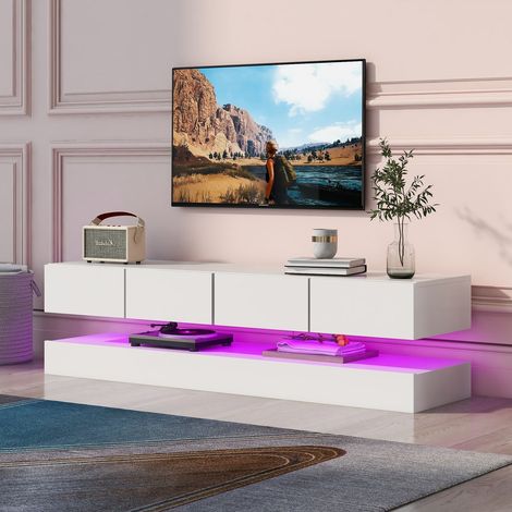 Meuble tv 130x33x15 cm blanc 2 portes 4 tiroirs led tv jusqu’à 55 pouces (1/5)