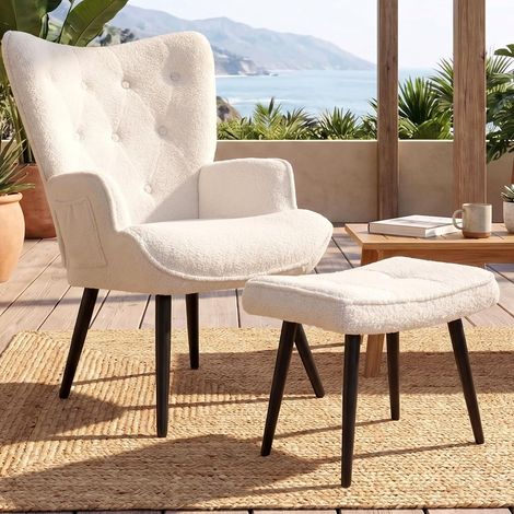 Fauteuil à Oreilles -Lounge Confortable avec Repose-Pieds, Tissu Teddy Fauteuil de Lecture, pour Salon Et Chambre & Étude Jusqu'à 168 Kg, Blanc (1/5)