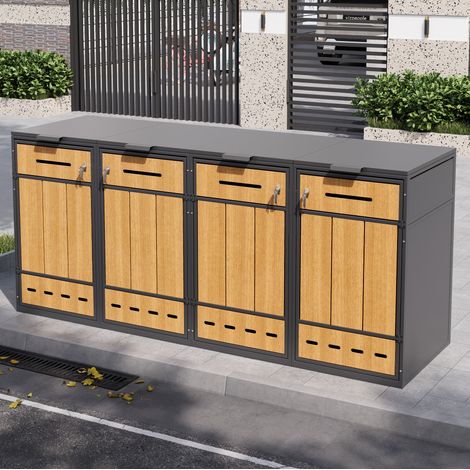 Armadio portarifiuti per 4 contenitori, con sportello ribaltabile e porta frontale, acciaio grigio effetto legno (1/5)