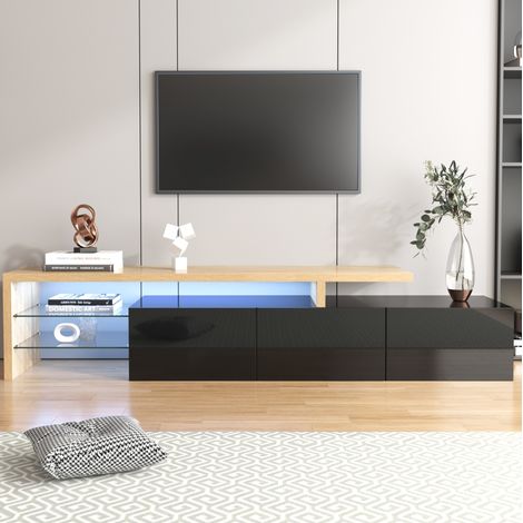Mueble TV Moderno: Elegancia Stylée, Almacenaje Práctico, Negro Lacado, Baldas Cristal, Luz LED (1/5)