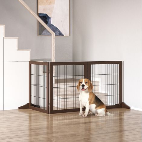 Barriera autoportante per cani 3 pannelli 185 x 36 x 71 cm in pino marrone OKMYHOME (1/5)