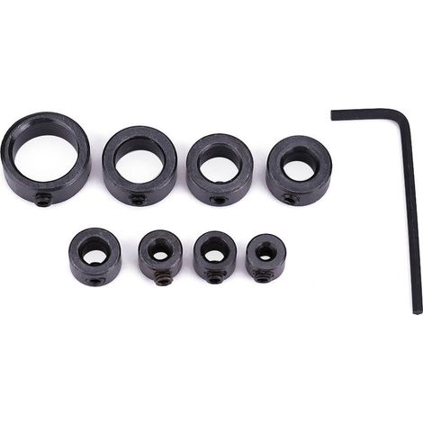 8 butées de profondeur, pour perceuses bois, diamètres intérieurs 3 à 16 mm, acier haute teneur en carbone, clé hexagonale incluse (1/5)