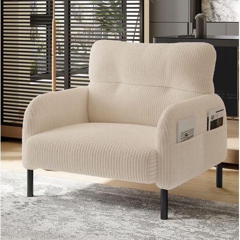 Fauteuil individuel en velours côtelé beige avec accoudoirs à poches latérales, structure métal (1/5)