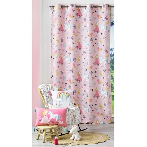 Rideau a oeillets 140 x 260 cm polyester imprime princesse licorne Rose (1/3)