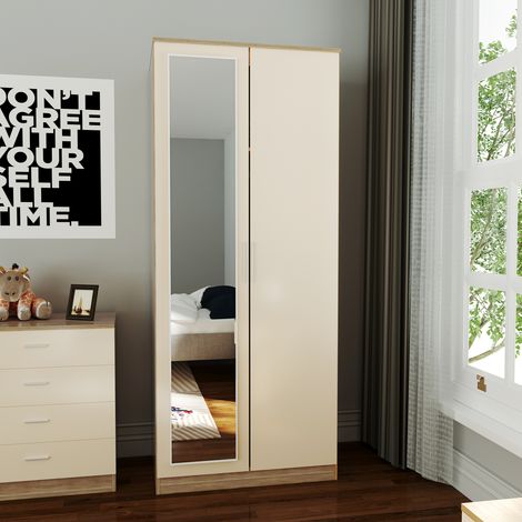 ELEGANT 2 Doors Wardrobe with Mirror, Soft Close Hinge Mirrored Wardrobe Cabinet, High Gloss Bedroom Furniture Set with Hanging Rod and Storage Shelves, Cream/oak