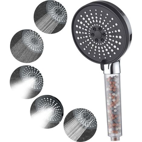Pomme de douche économe en eau, pomme de douche anticalcaire, pomme de douche haute pression (6 jets), plaqué (1/4)