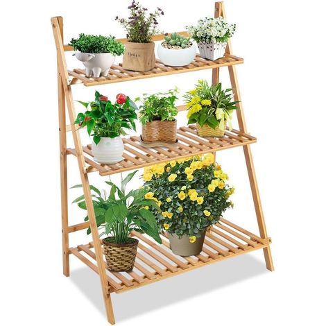 Hofuton Escalier étagère pour fleurs en bambou 3 étages pliant rangement bois plantes pliable nature 70x40x96cm (1/5)