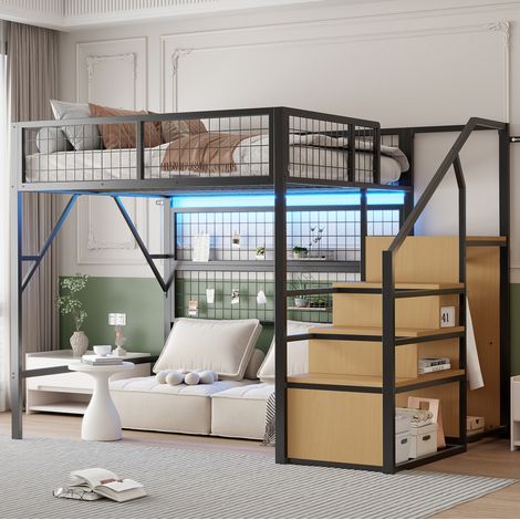Lit mezzanine métal noir 140x200 cm avec escalier de rangement, penderie et LED contrôlée par application (1/5)