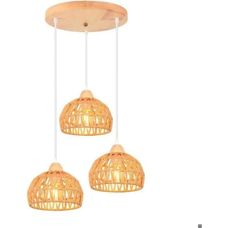 3lampes Suspension Luminaire Industriel Lustre Vintage en Bois Rotin Brun Plafonnier en Cage Frome Demi - cercle pour Chambre (1/5)