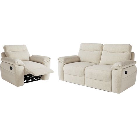 PACK - Canapé de relaxation ROSS manuel 3 places et fauteuil en tissu texturé 3D - Beige