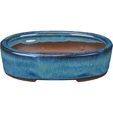 Vaso per bonsai ovale in gres smaltato blu-verde scuro 13x9,5x3 cm - XC027