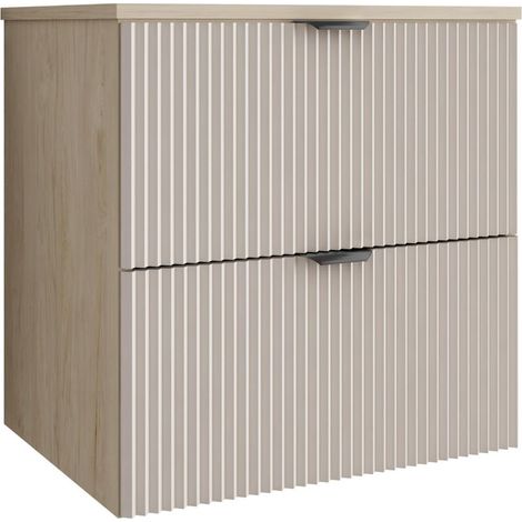 Mobile da bagno con frontale scanalato 60 cm con 2 cassetti, noce chiaro (MDF), con frontale cashmere, con maniglia nera, 60 x 47 x 60 cm (1/5)