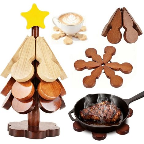 XEPHO Dessous de Plat en Bois pour Noël, Dessous de Plat Pliable en Forme de Sapin, Décoration pour Fête de Noël, Tapis de Casserole, 3 sous Verres en Bois + 1 Support