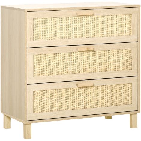 Natural Rattan 3-Drawer Storage Chest, Boho Dresser Unit for Bedroom, Living Room, Hallway Furniture