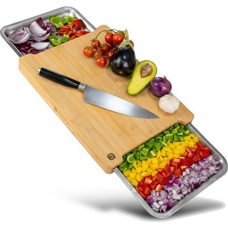Planche a decouper avec bac recuperateur magnétique - en bambou de haute qualité - avec tiroir - Planche en bois de cuisine (1/5)