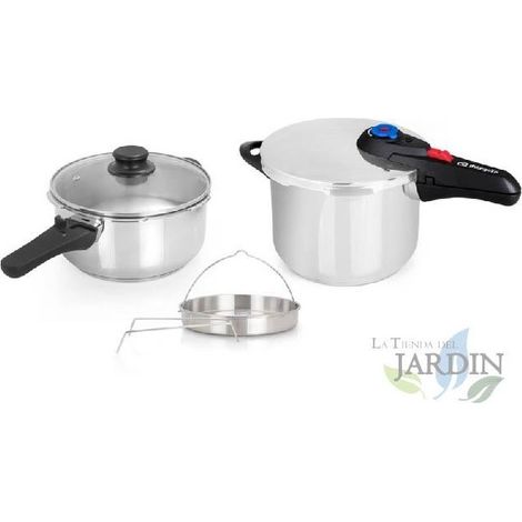 Olla súper rápida 4+6 litros Ø 22cm, con tapa de cristal y accesorios para vapor, Acero inoxidable 18/10, Olla presión, olla ráp