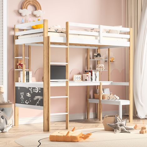 Bett Mezzanine 90x200 cm, mit Schreibtisch, Regalen, Treppe, Lattenrost, Sicherheitszaun, Kinderbett Prinzessin aus Holz - Weiß (1/5)
