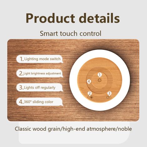 Lampe tactile rechargeable USB RGB avec gradation, veilleuse en bois pour salon, chambre, bureau et extérieur (1/5)