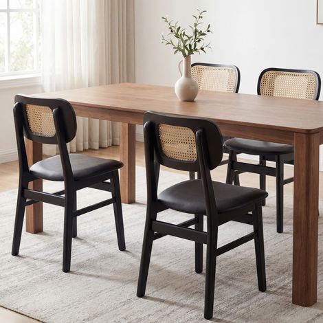 Wahson Lot de 4 chaises de salle à manger en bois avec coussin imperméable – Dossier en rotin tressé – Pieds en bois massif – Noir