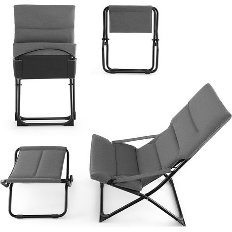 Goplus – Chaise longue pliante avec repose-pied – Coussin amovible en coton – Cadre en métal robuste – Capacité 110kg – Pour terrasse et porche – Gris (1/5)