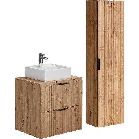 Mobile per bagno sospeso  con scanalature con lavabo da appoggio e colonna - Naturale chiaro - 60 cm - ZEVARA (1/5)