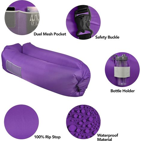 Fauteuil/canapé gonflable d'extérieur - Tissu en nylon résistant - Sans pompe - Idéal pour le camping, la plage et les moments de détente en plein air - Poches en filet - Sac de rangement inclus (1/5)