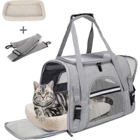 Sac Transport Chat Chien,Respirant et Pliable Caisse De Transport Chat avec Tapis Amovible Doux et Bandoulière, gris pour Voyage (1/4)