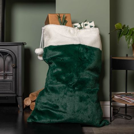 80x55cm Green Christmas Sack with White Cuff and Pom Poms (1/5)