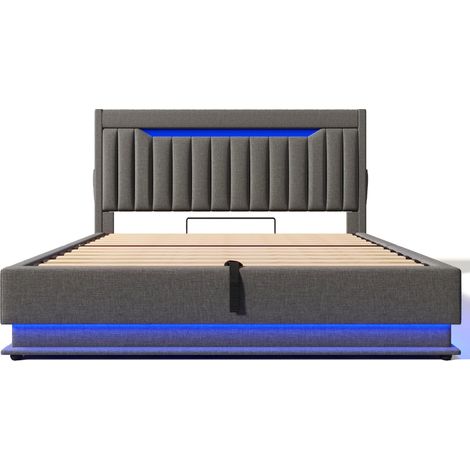 Lit capitonné double 140x190cm, tête de lit avec rangement et ports USB et Type-C, éclairage LED à la tête et au pied du lit, avec rangement hydraulique, gris, lin (sans matelas) (1/5)