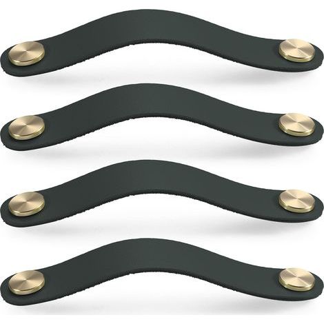 Juego de 4 tiradores de puerta de armario de latón y cuero negro, longitud 190 mm, con tornillos, adecuados para armarios y cocinas (1/5)