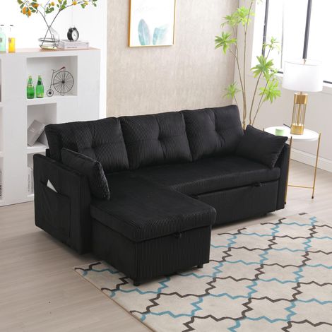 Divano Convertibile Multifunzionale con Contenitore e Letto Estensibile, Divano 3 Posti con Poltrona Longa Intercambiabile, Divano Angolare Modulabile con Contenitore - Nero