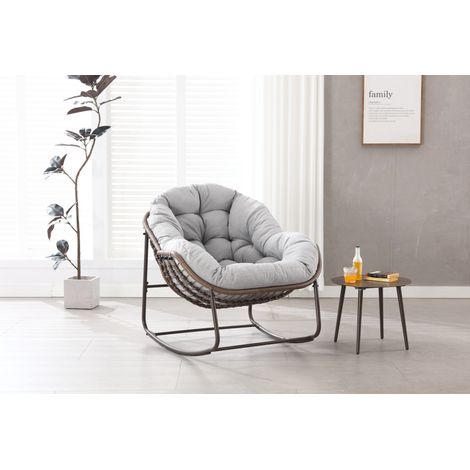Poltrona a dondolo da esterno in rattan con cuscino spesso, seduta ampia, struttura in acciaio, grigio chiaro (1/5)