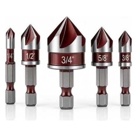 5Pcs Foret à Métal Fraiser, 5 Flûte Fraise à Chanfreiner HSS Foret Conique Fraise à Noyer Forets Fraise à Ébavurer, 6/10/13/16/19mm Outil de Vis pour DIY Bois Métal PVC (1/4)
