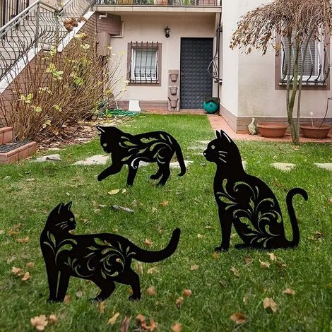 3er-Set Gartenfiguren aus Metall mit schwarzer Katzensilhouette, dekorative Gartenstecker, Tierfiguren für Garten und Rasen (1/4)