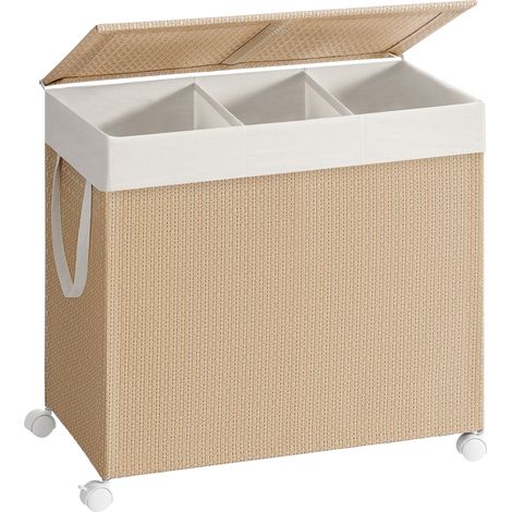 Panier à linge 3 compartiments 140 L – Trieur sur roulettes avec couvercle – Sac amovible avec poignées – Imitation osier beige et blanc (1/5)