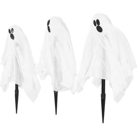 Piquets lumineux fantômes blancs en tissu plastique et lumière LED, installation facile, pour jardin ou pelouse. (1/5)