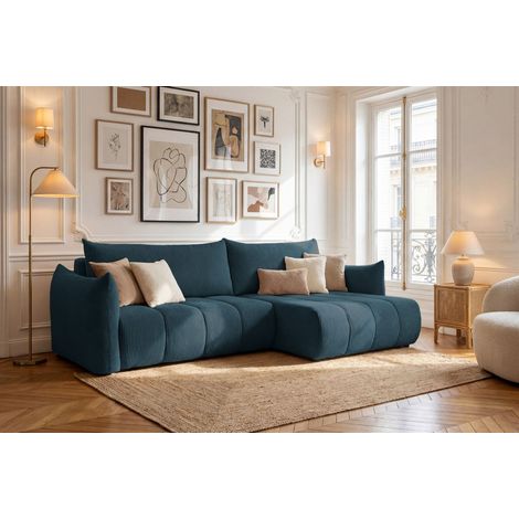 Ecksofa Schlafsofa ONTARIO in Stoff Poso Dunkelblau Ottomane Rechts