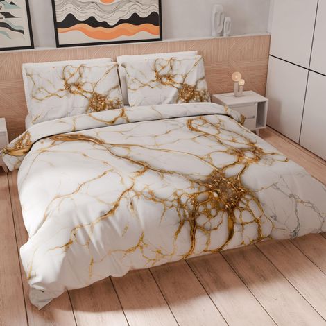 Housse de Couette 2 Places 250x200 cm 2 Taies 50x80 cm Incluses, Parure en Microfibre Imprimée Marbre Blanc (1/5)