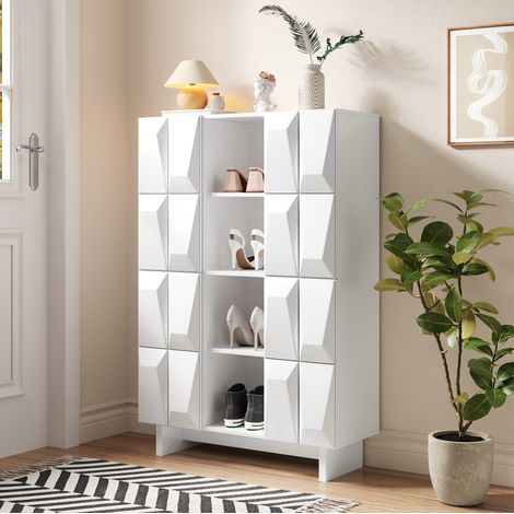 Vetrina 90.5x34x135.5 cm, 4 porte con rilievo geometrico, 12 vani, ripiani aperti, truciolare bianco (1/5)